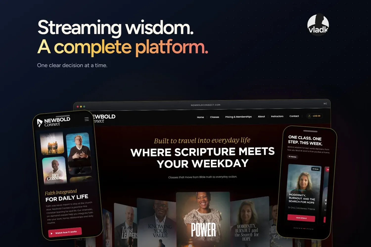 Newbold Connect streaming platform on a laptop and phones