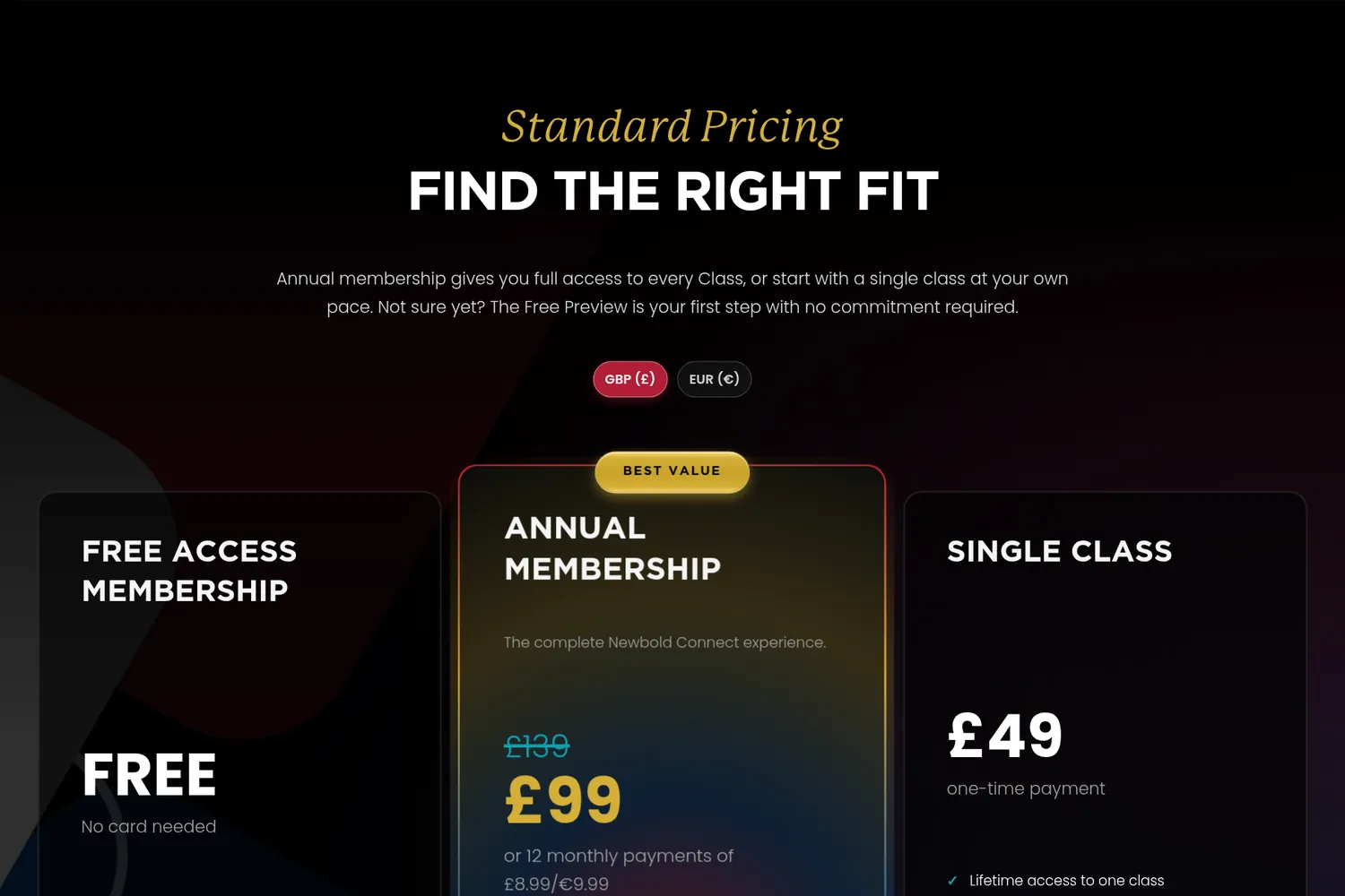 Newbold Connect pricing: free access, annual membership and single class