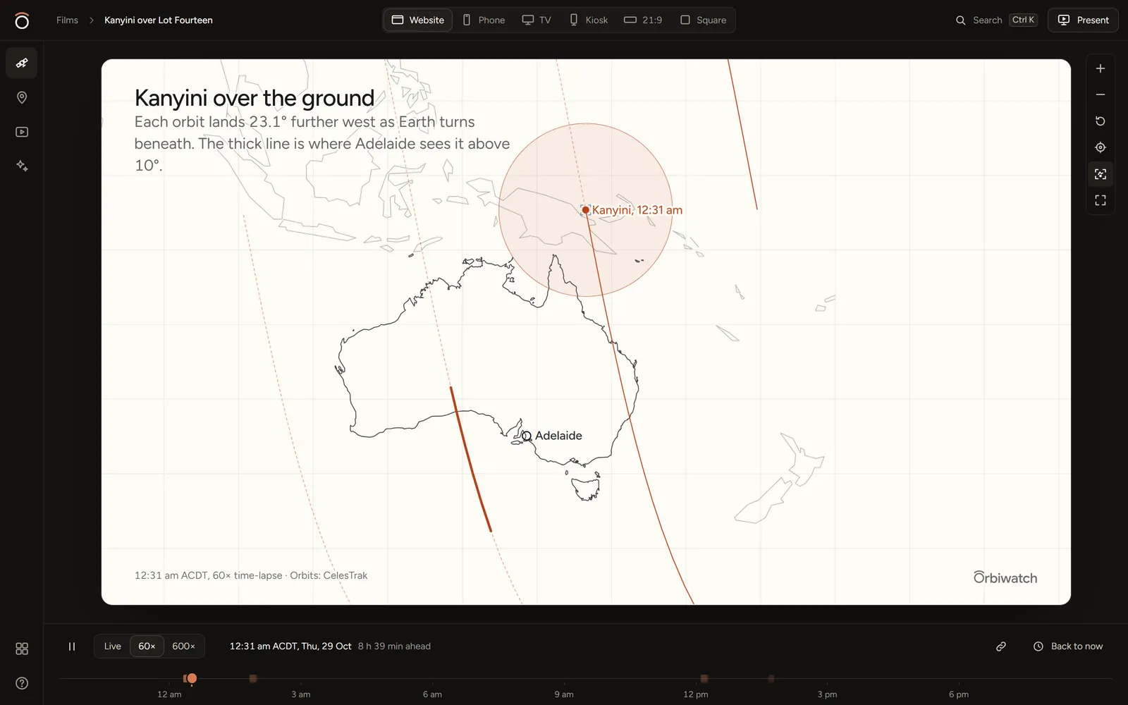 The ground track film in the studio: Kanyini crossing Australia on a pale map