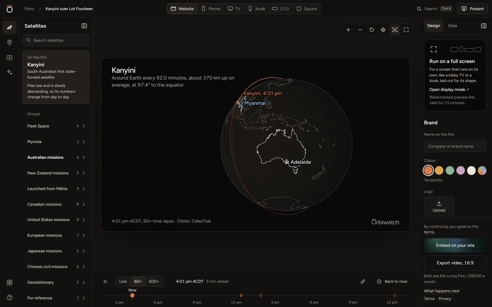 The Orbiwatch studio: the satellite list, the live Kanyini orbit film and the design panel