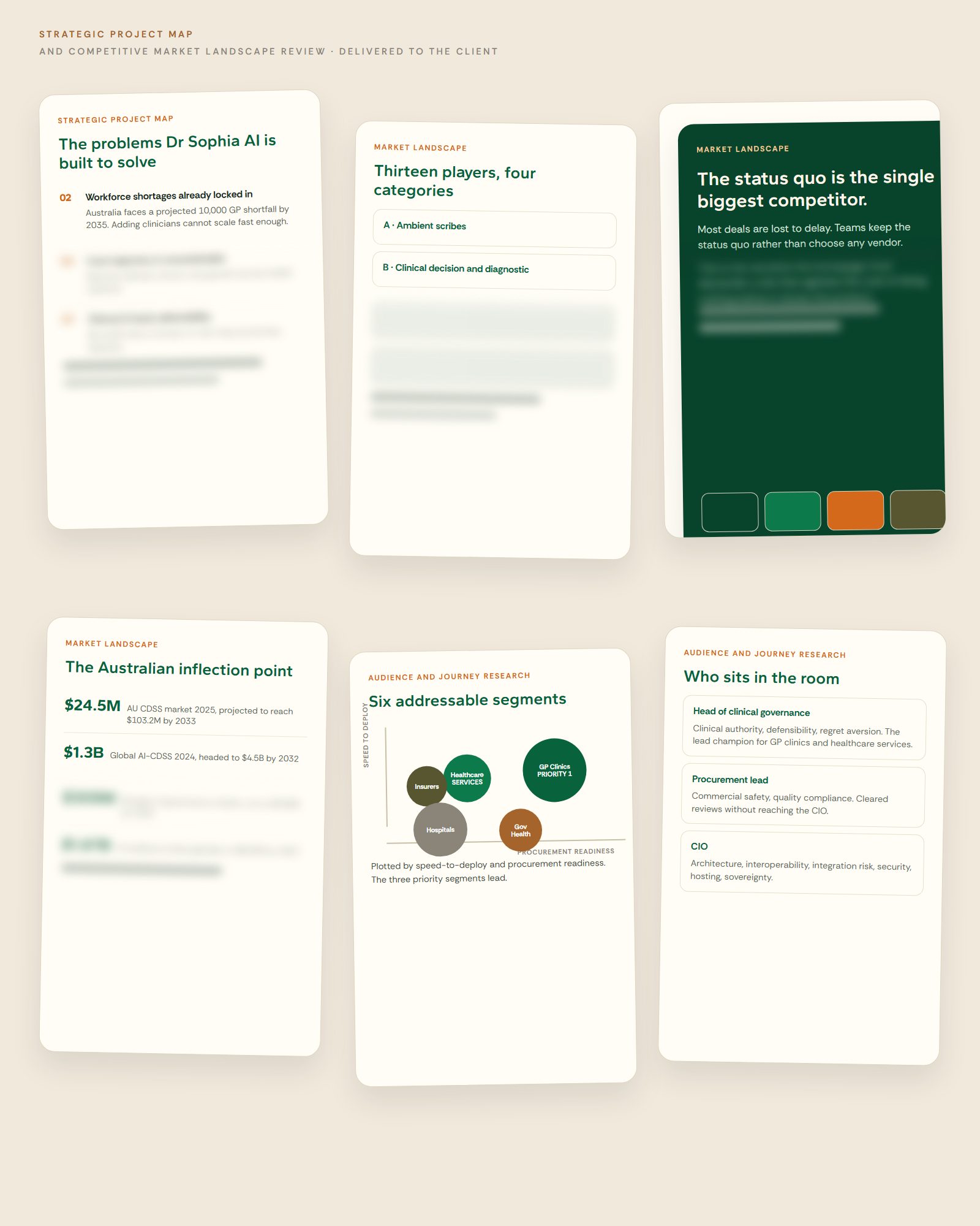 Strategy cards from the Strategic Project Map and the Market Landscape Review: problems, thirteen players, the status quo, market figures, six segments and the buying room