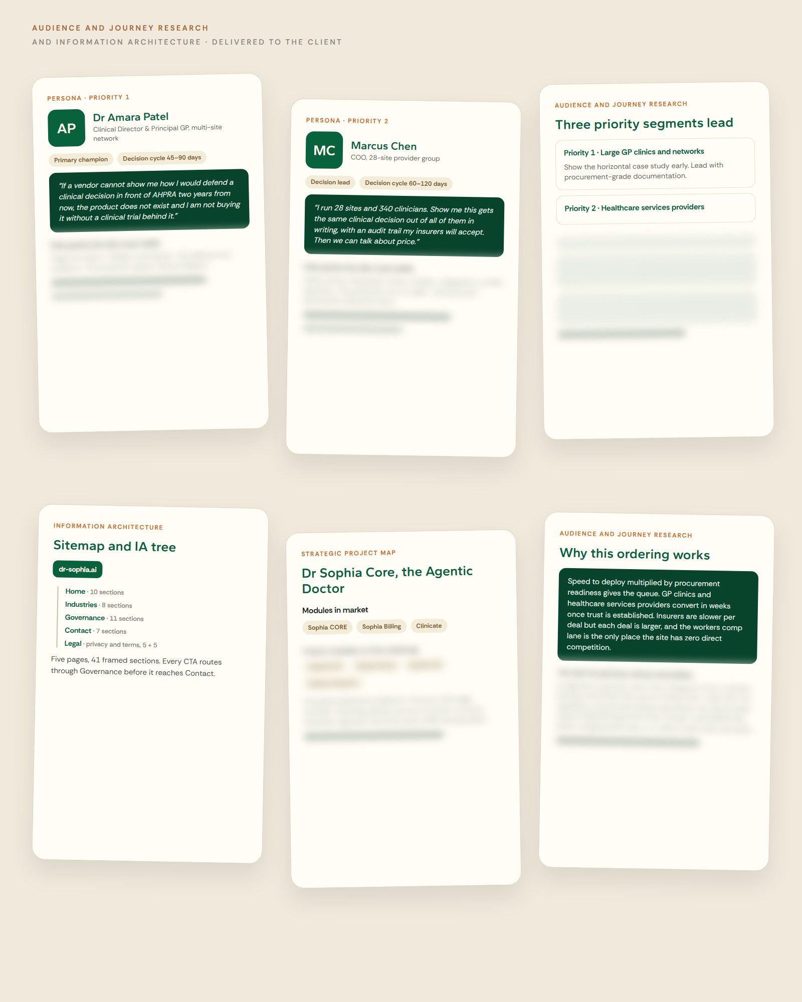 Audience and information architecture cards: two buyer personas, the priority segments, the sitemap tree and the platform modules