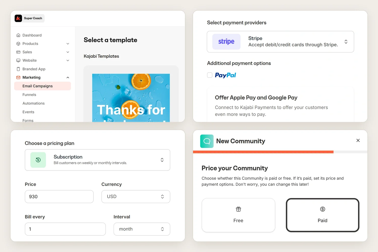 Kajabi admin: email campaigns, payment providers, a subscription pricing plan and a paid community