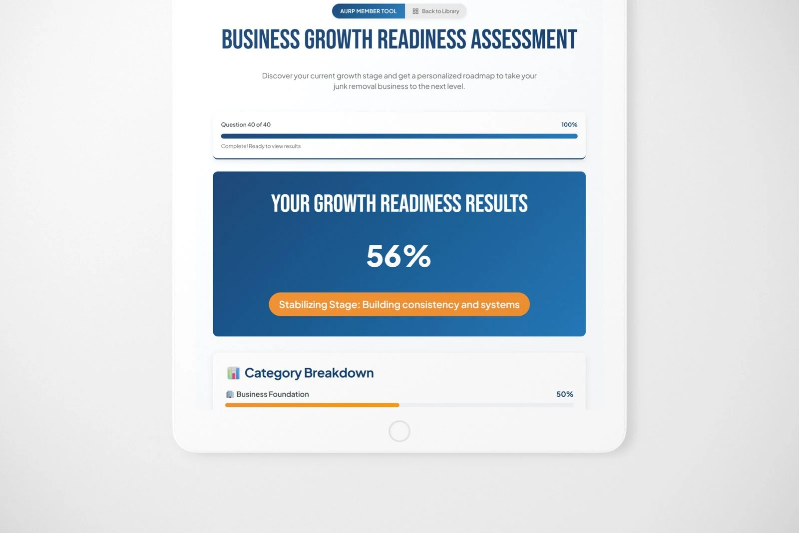 AIJRP Business Growth Readiness Assessment results on a tablet: 56%, stabilizing stage