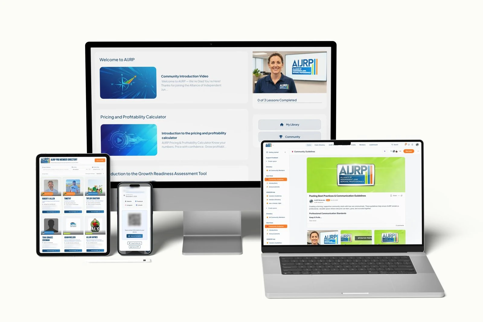 AIJRP member dashboard with lessons in progress, on a desktop, laptop, tablet and phone