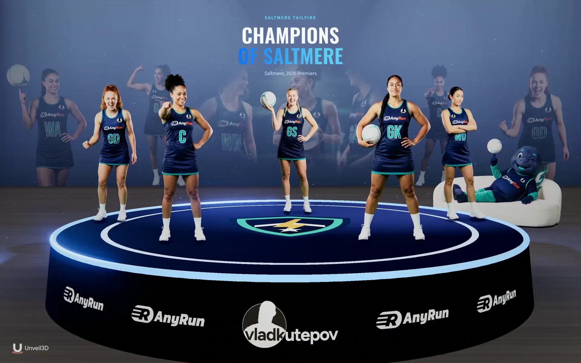 Netball players on a lit 3D podium carrying the partners' logos