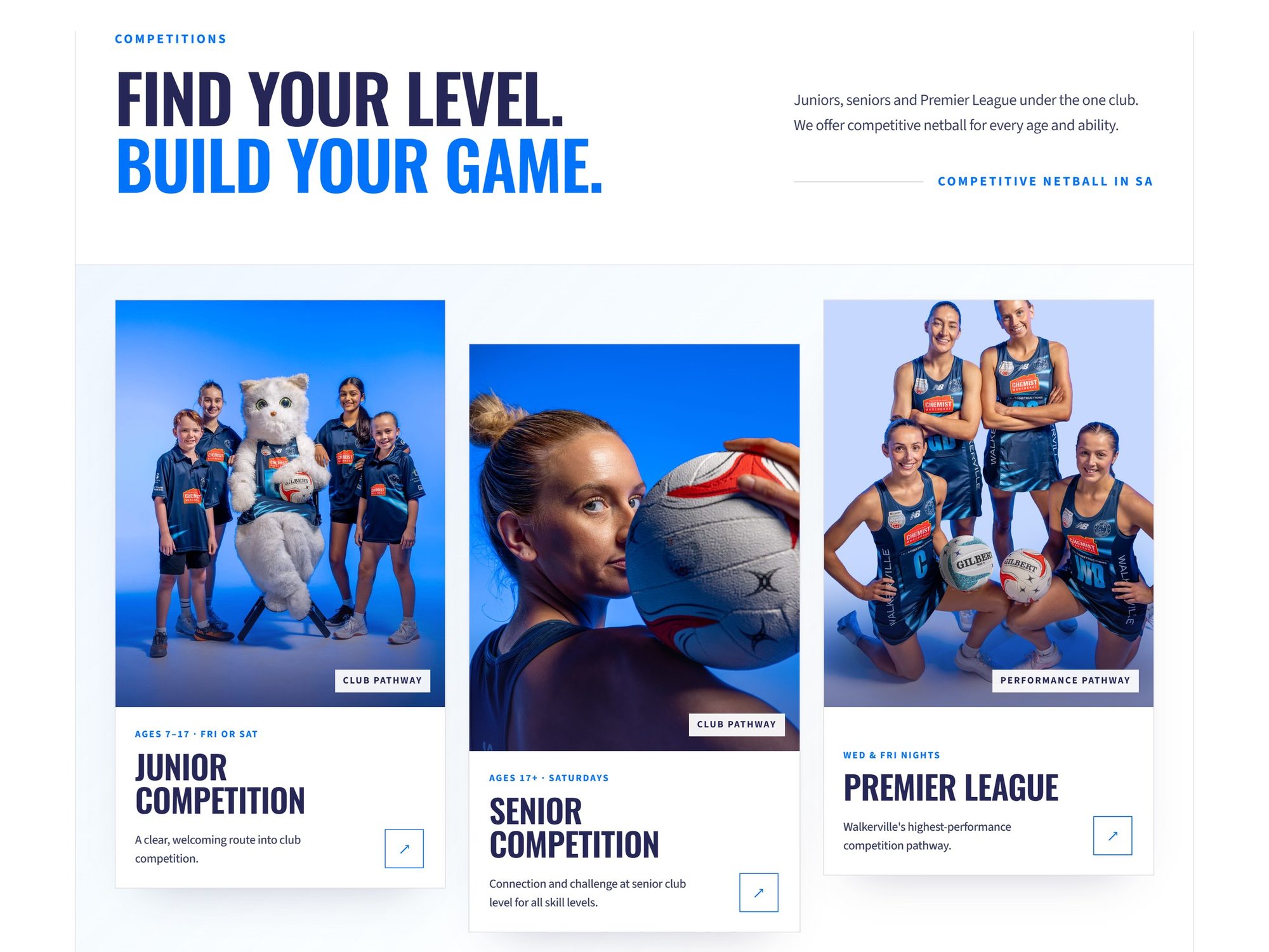 Homepage competitions section with three programme cards