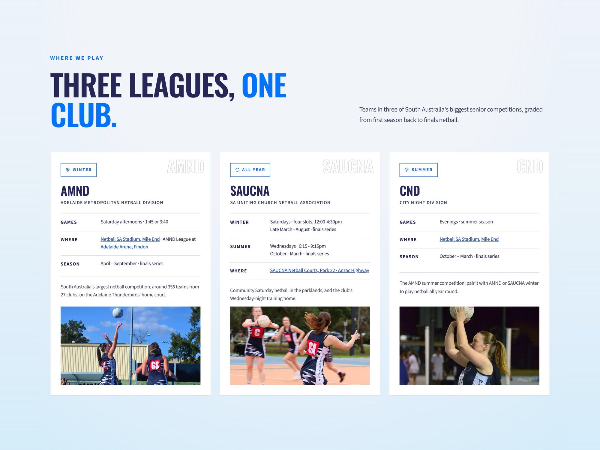 Three leagues section on the senior programme page