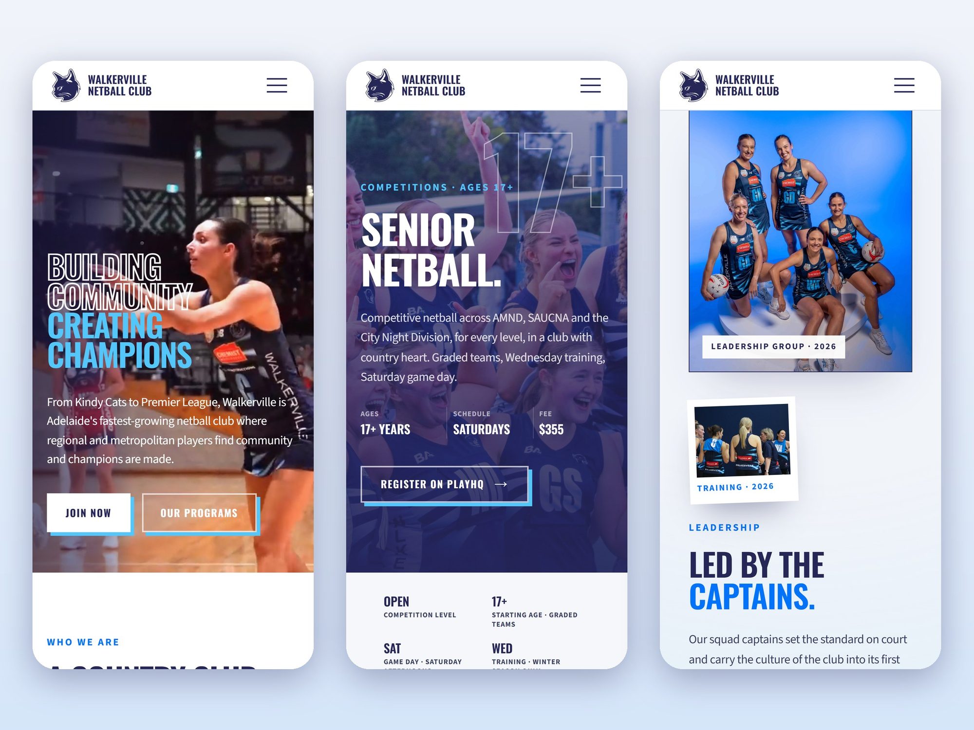 Mobile layouts of the homepage, a programme page and the squad page